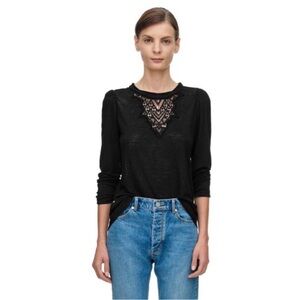 Rebecca Taylor black Long sleeve linen jersey and lace tee top large